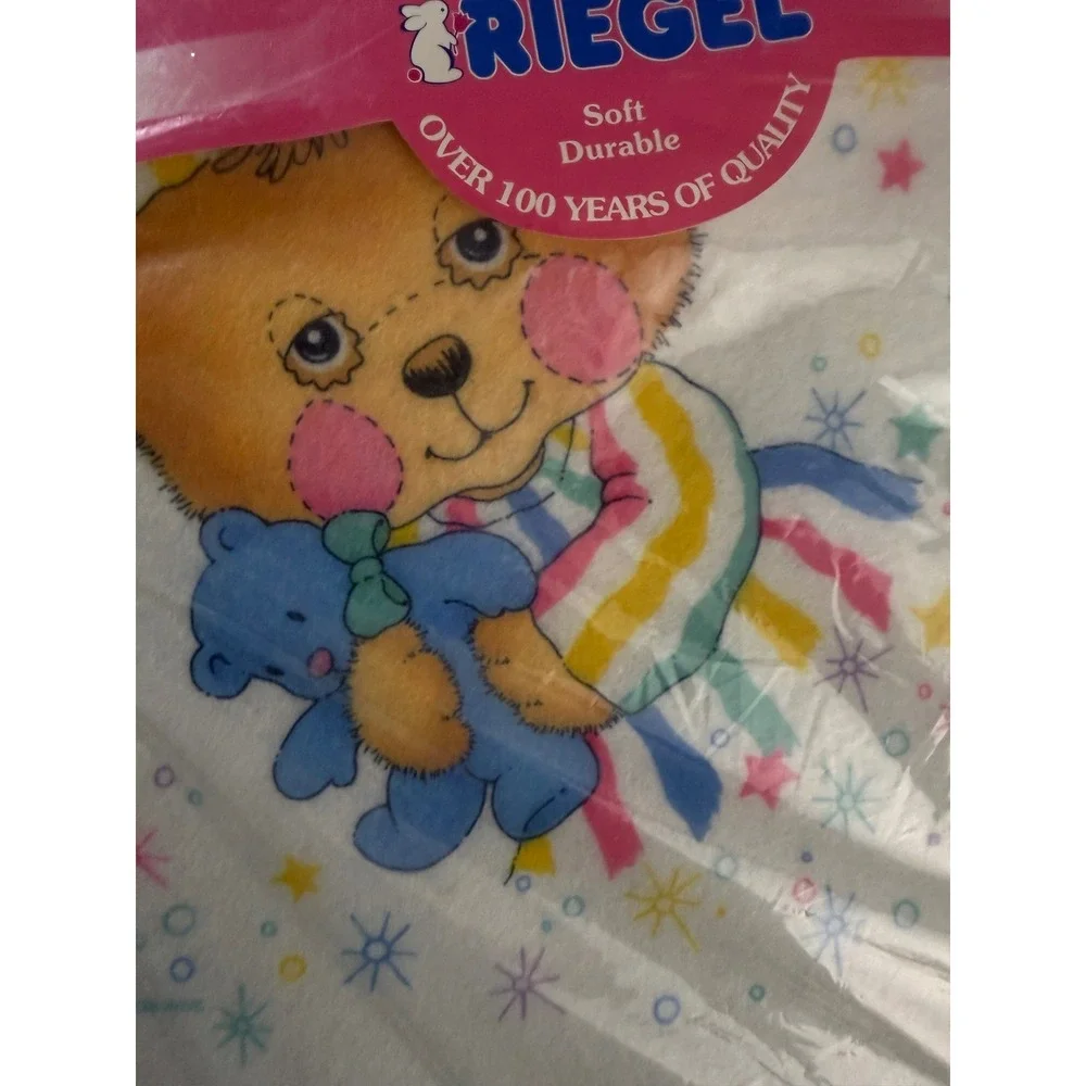 VTG Riegel Teddy Beddy Bear Friends Crib Blanket Satin / Nylon Trim‎ 36x45 NEW